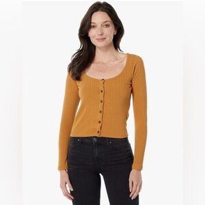 Madewell Mustard Ribbed Button Front Cropped Long Sleeve Top Size L